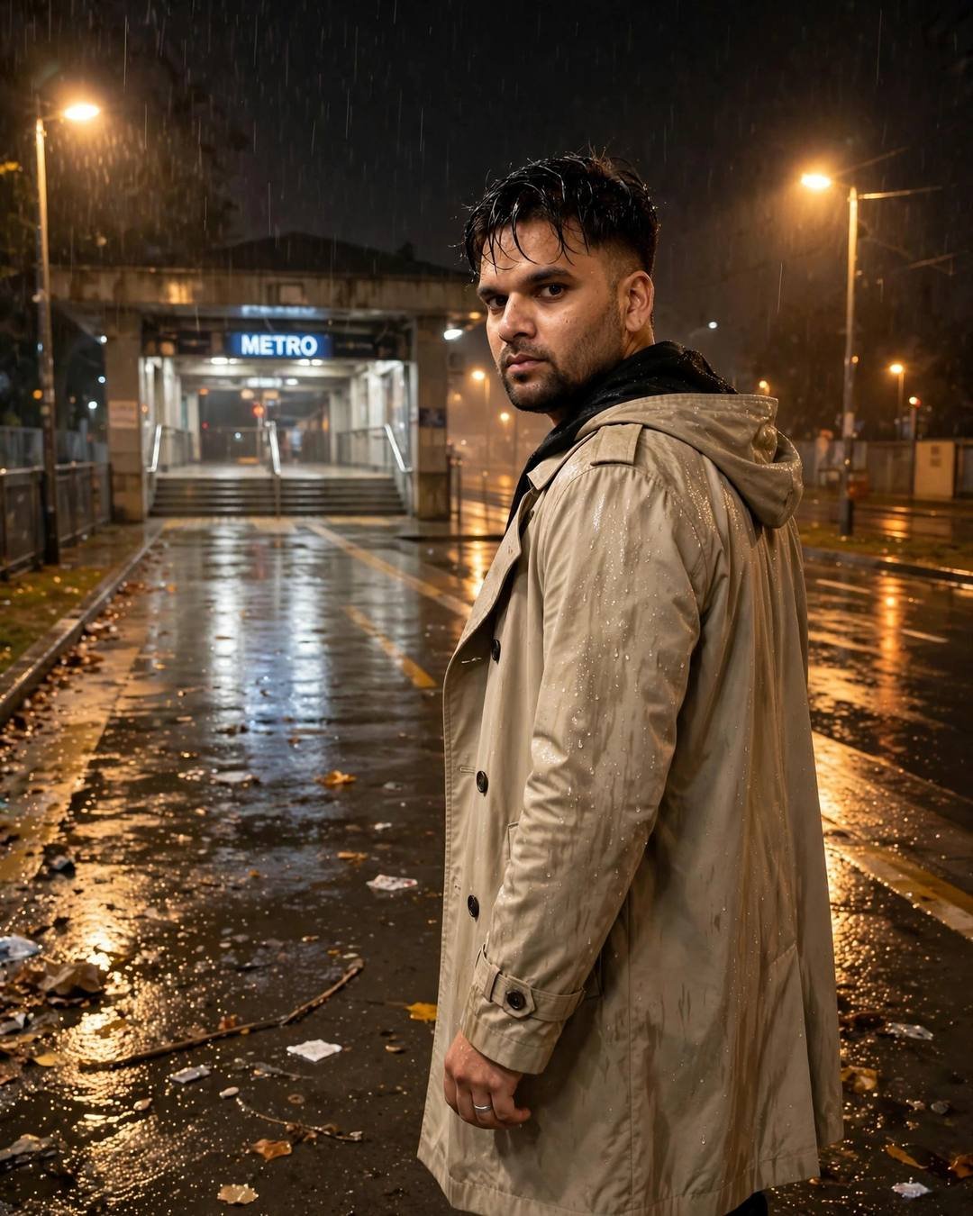 Young Indian man in beige trench coat walking away on a rainy metro path at night, glancing back