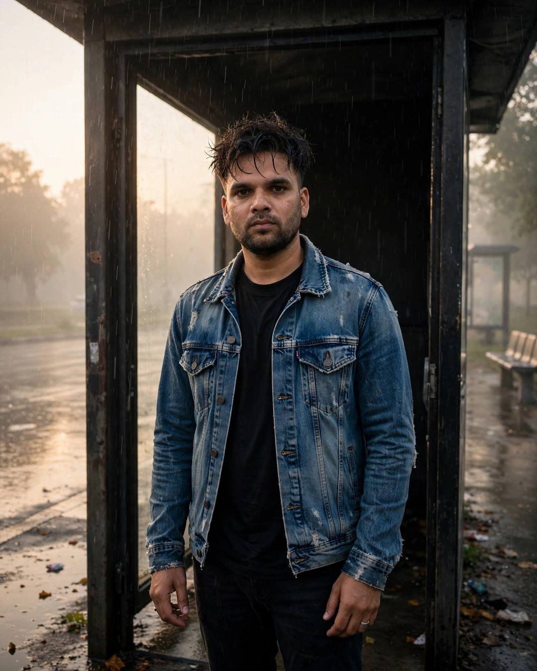 Young Indian man in denim jacket standing in a rainy bus-stop doorway, half in shadow
