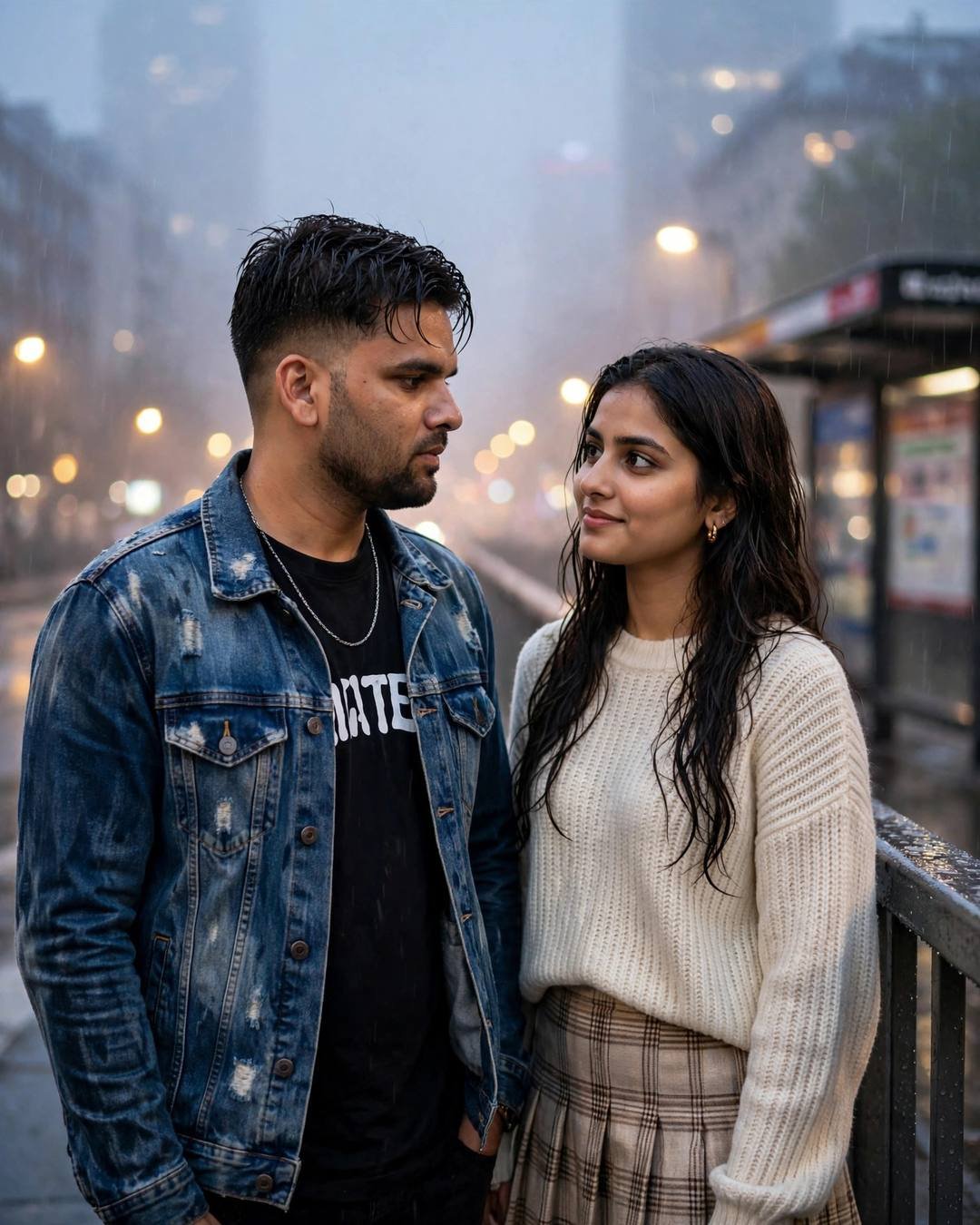 His thumb tracing her knuckles softly across — distressed denim jacket over black tee, damp rain-wet hair standing on a bridge, looking at each other while the city blurs