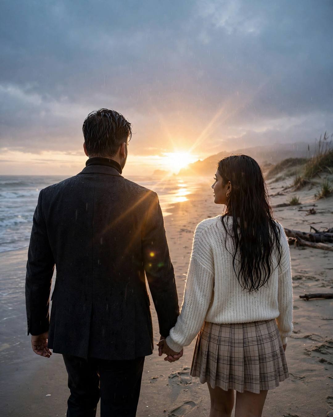 Young Indian couple walking hand in hand away from the camera on a deserted beach at dusk, golden-hour backlight with lens flare