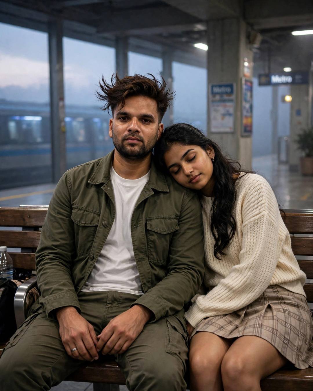 Watching steam rise from two bowls of — olive field jacket, white tee, cargo pants, windswept textured hair sitting close on a bench, her head resting on his shoulder