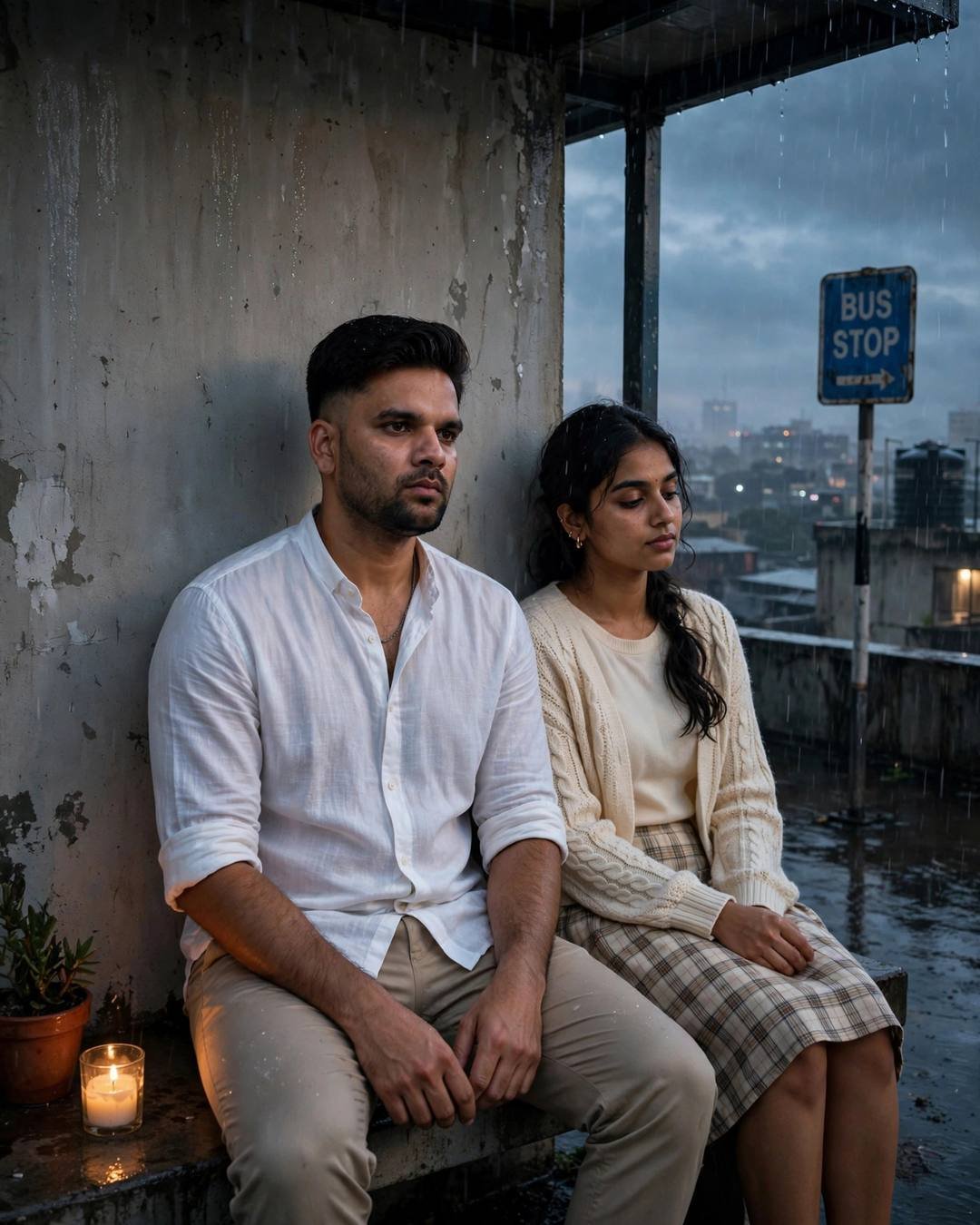 Young Indian couple sitting apart in silence at a rainy bus stop at dawn, candles on the ledge, the man in a white linen shirt and the woman in a cream knit top