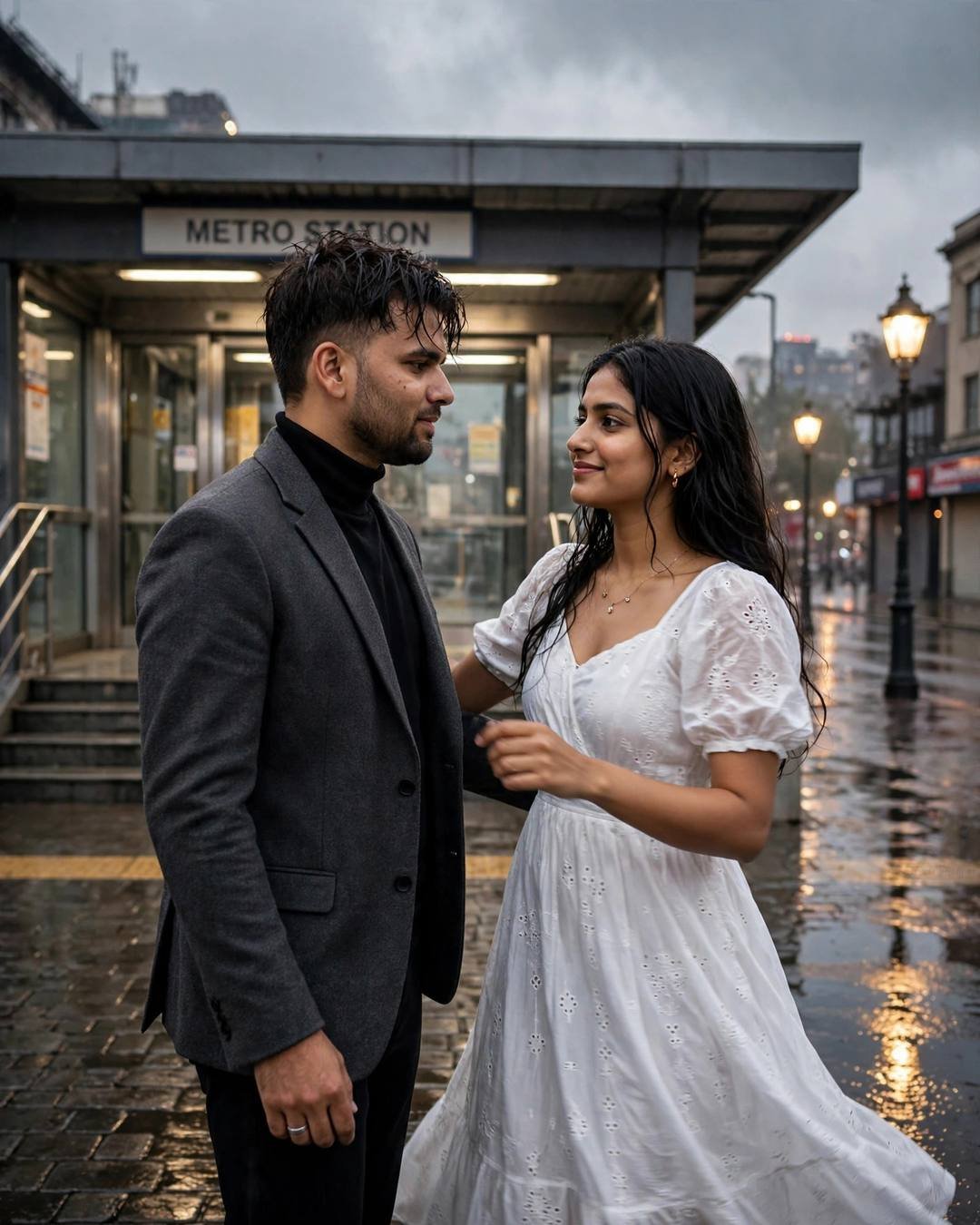 Couple dancing slowly on a street at night under fireworks, man in charcoal blazer, woman in white dress