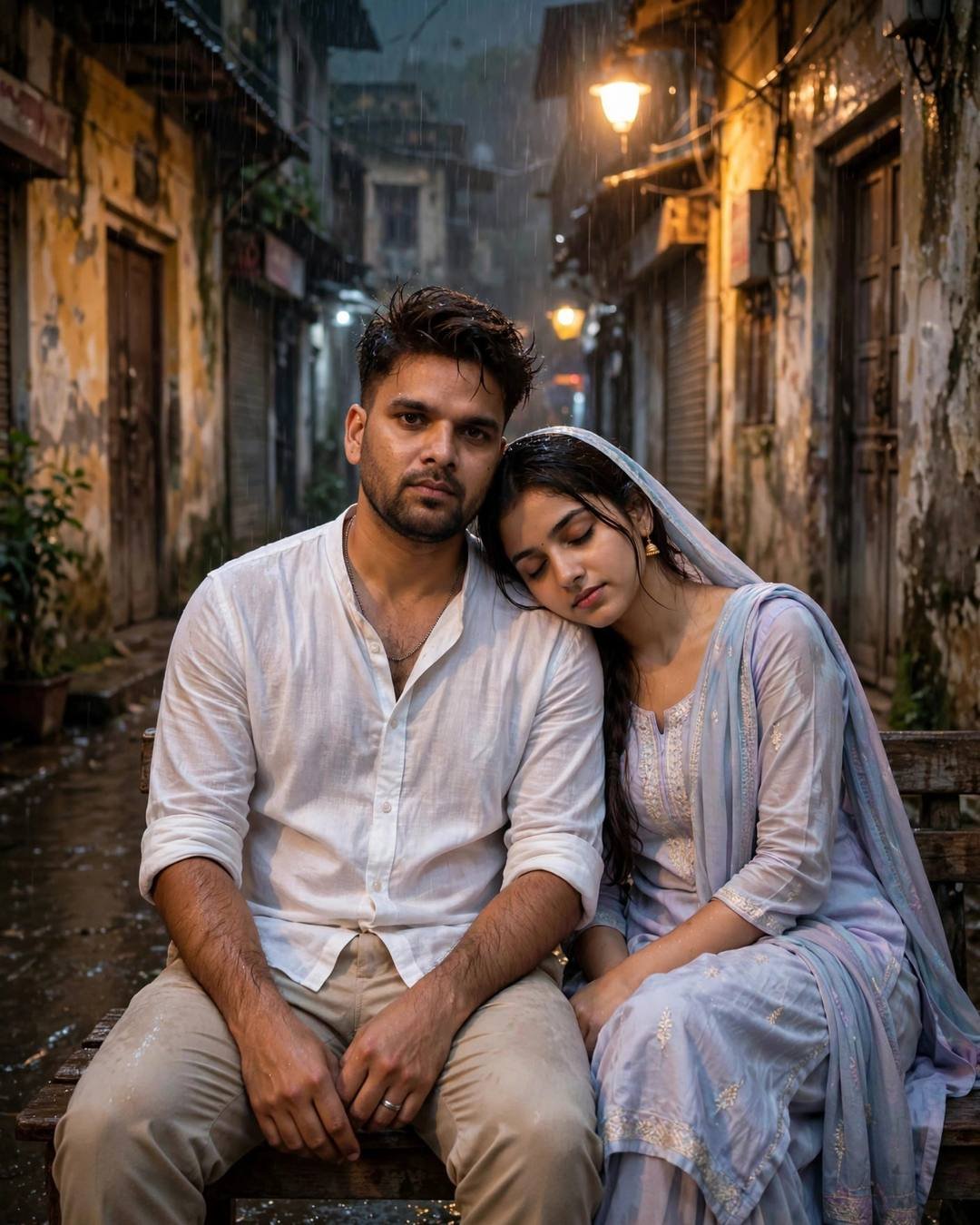 Young Indian couple sitting close on a bench in a rainy old-city lane at midnight, her head on his shoulder, man in white linen shirt and woman in pastel salwar-kameez with dupatta