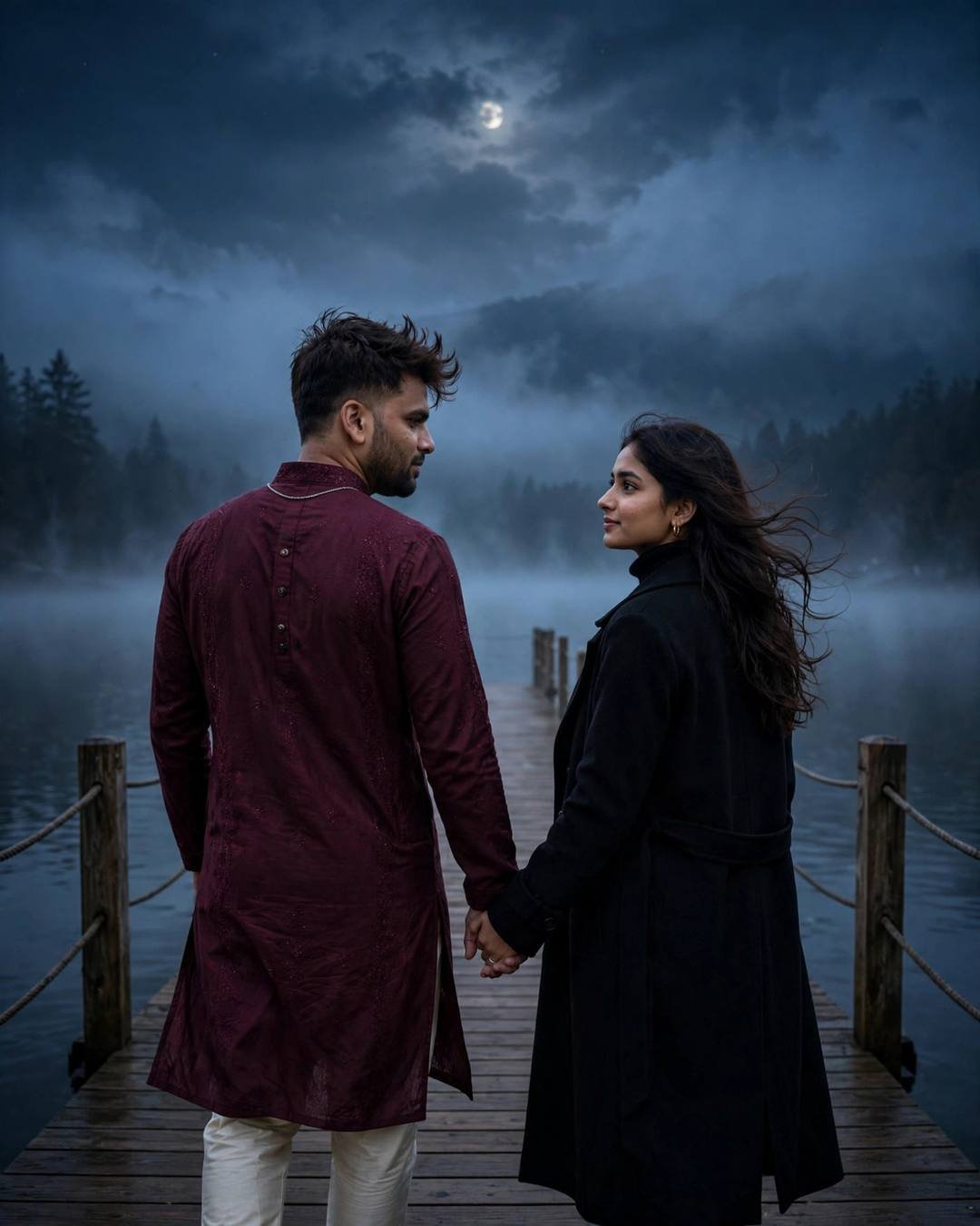 Young Indian couple walking hand in hand on a foggy lake pier at midnight, gazing at each other, man in maroon kurta and woman in black coat, moonlight and mist