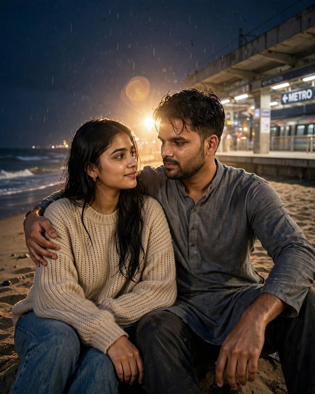 Couple on sand at a metro station at midnight in rain, man in grey kurta with arm around woman in beige sweater