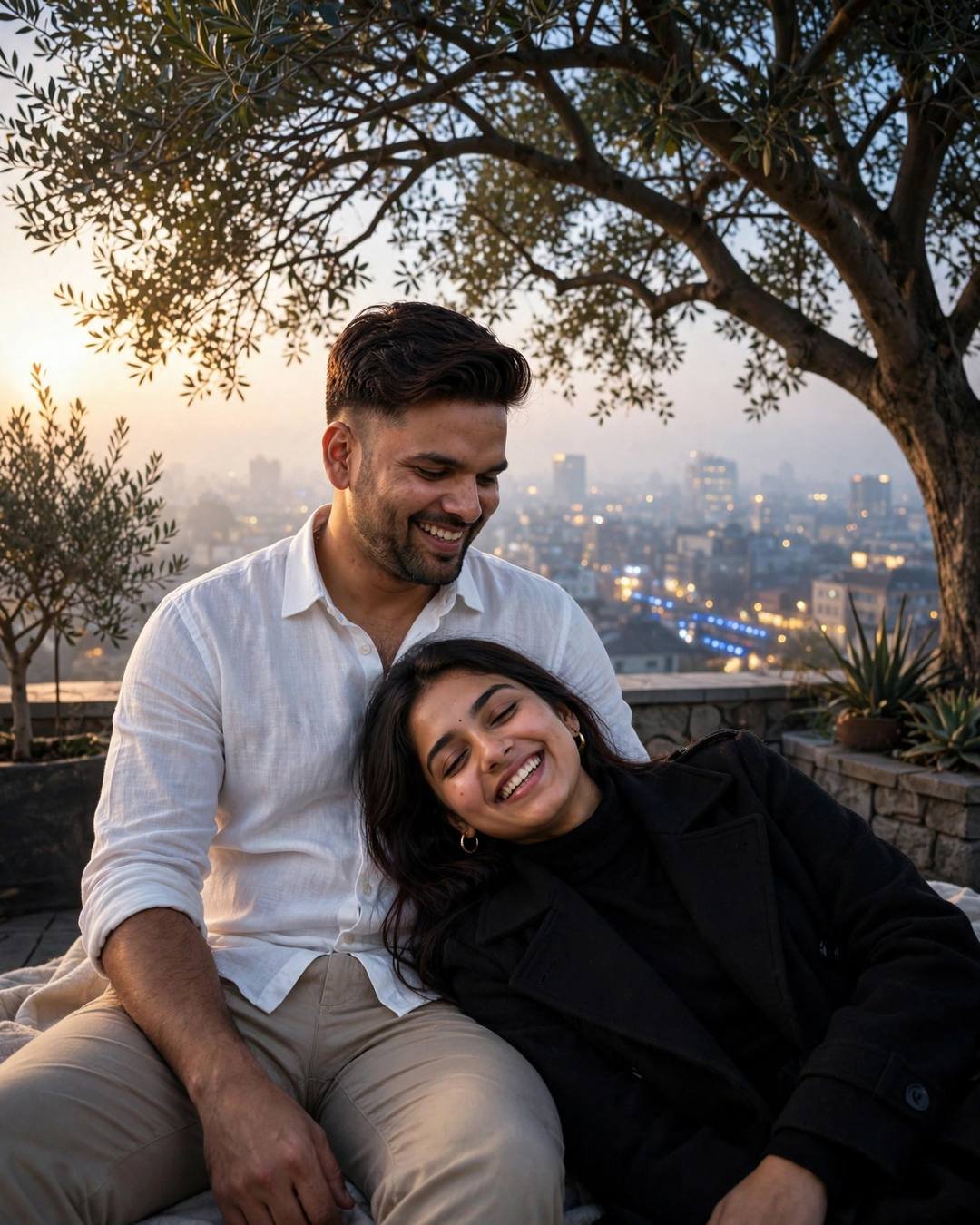 Young couple laughing together on a rooftop under a tree at dawn, her head resting in his lap, sleeping city lights behind them