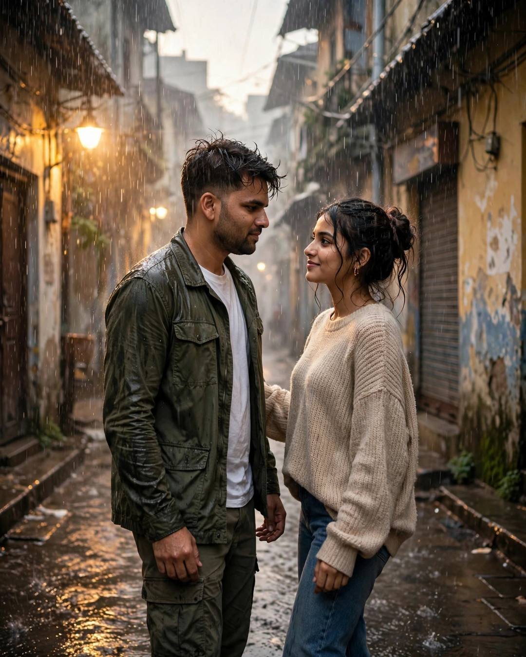 Young couple standing face to face in heavy monsoon rain in a narrow old-city lane, gazing into each other's eyes under a warm streetlamp