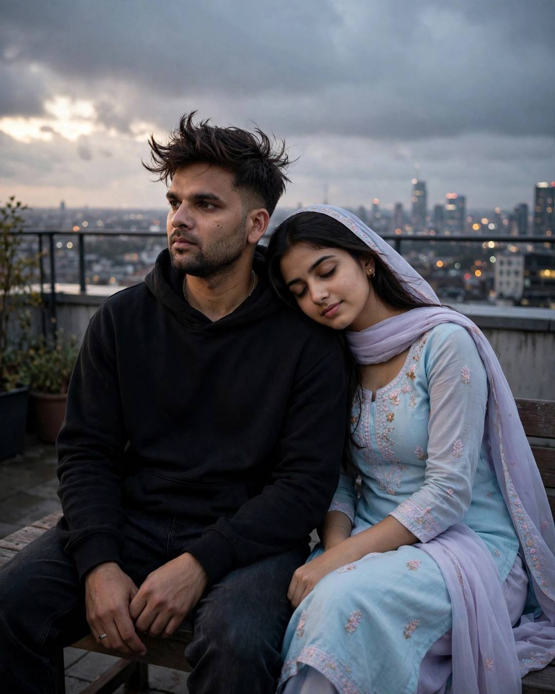 Couple on a rooftop bench overlooking city lights, woman with head on man's shoulder, man in black hoodie