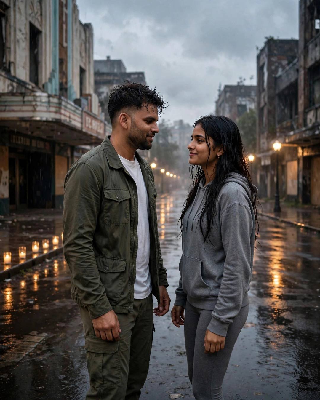Couple face to face on a rainy empty street at night with diyas along the curb, man in olive jacket, woman in grey hoodie