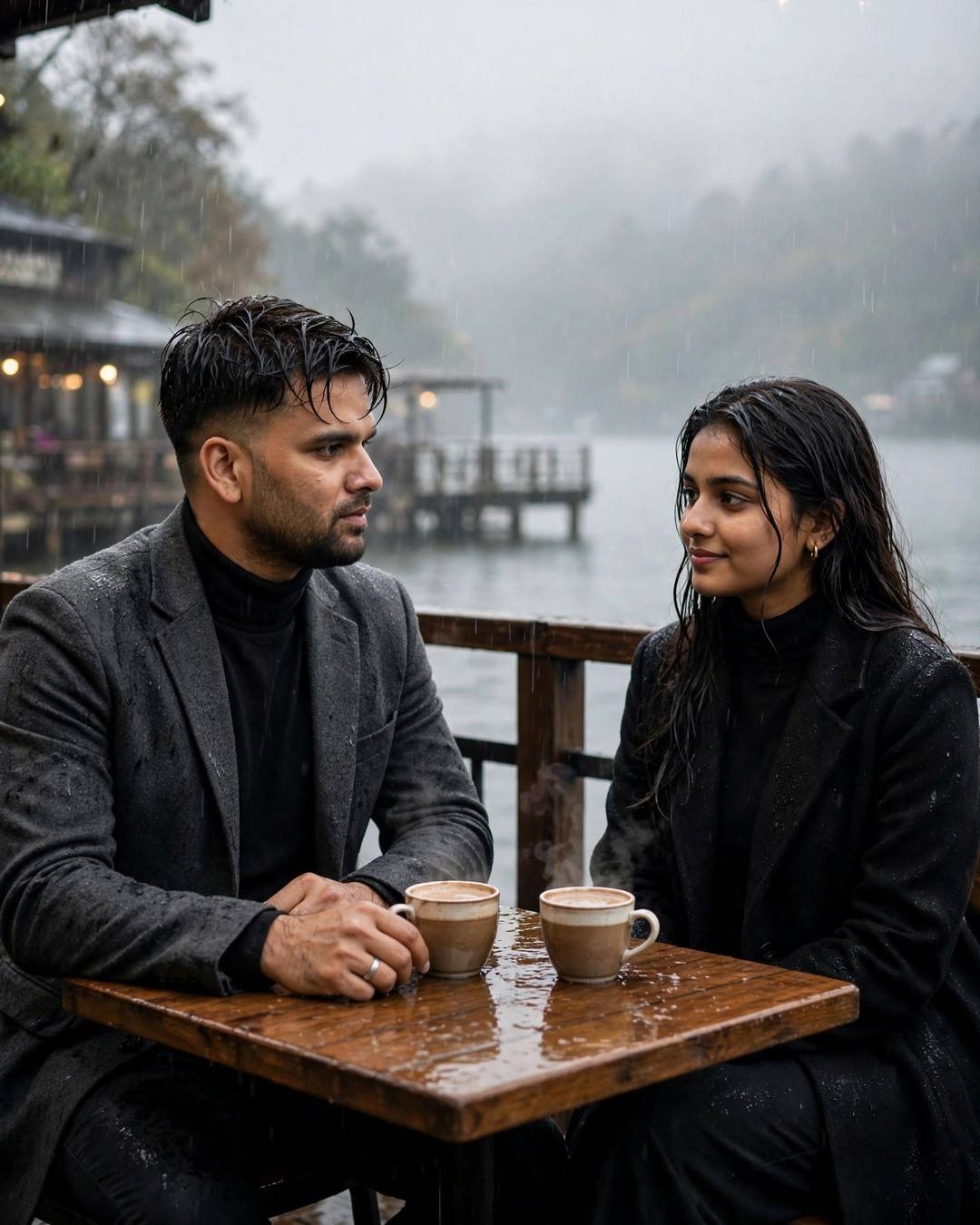 Couple at a cafe table on a lake pier in heavy monsoon rain at dawn, man in charcoal blazer, woman in black