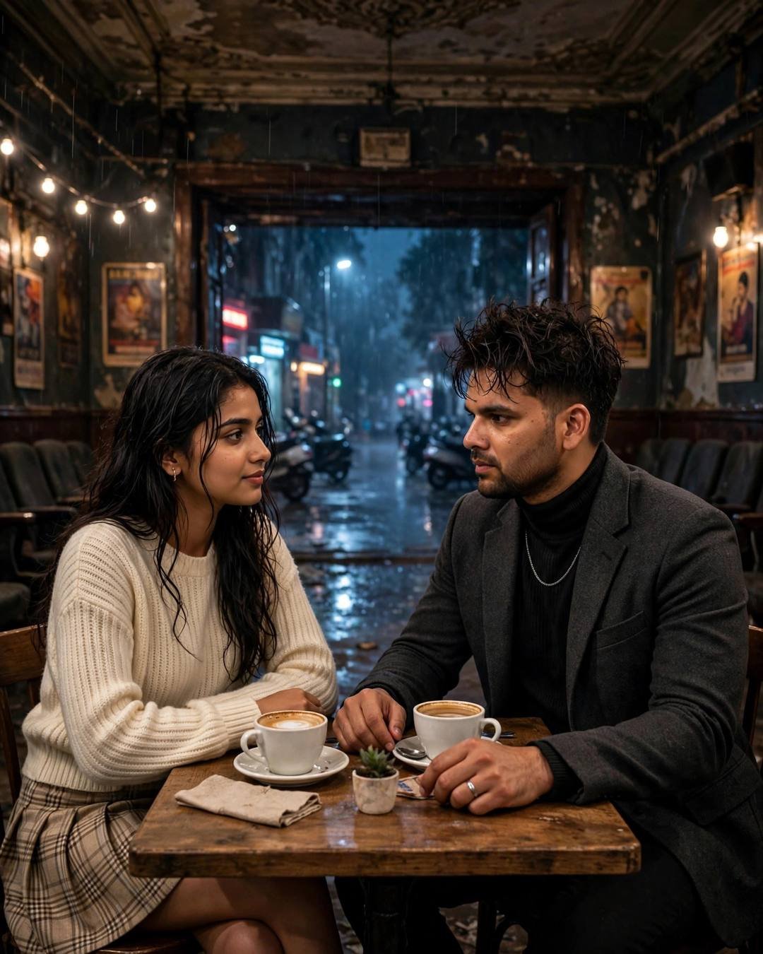 Young couple sitting across a small cafe table in an abandoned cinema hall at midnight, coffee cups between them, rain-wet street glowing outside