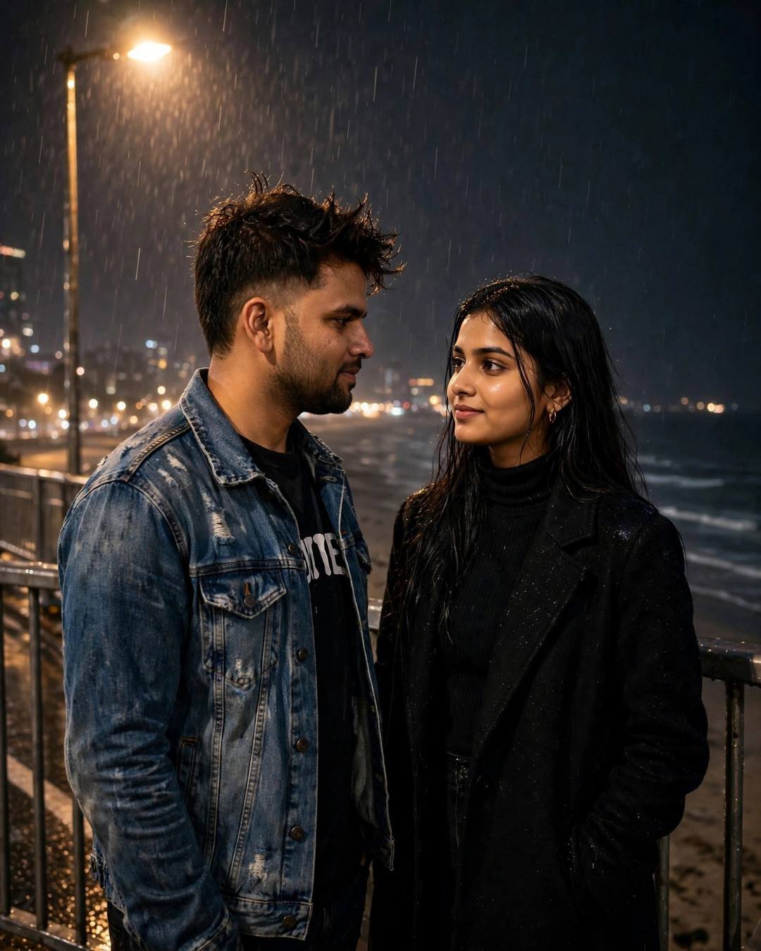Couple on a bridge at a beach at dusk in drizzle, man in denim jacket, woman in black turtleneck and coat