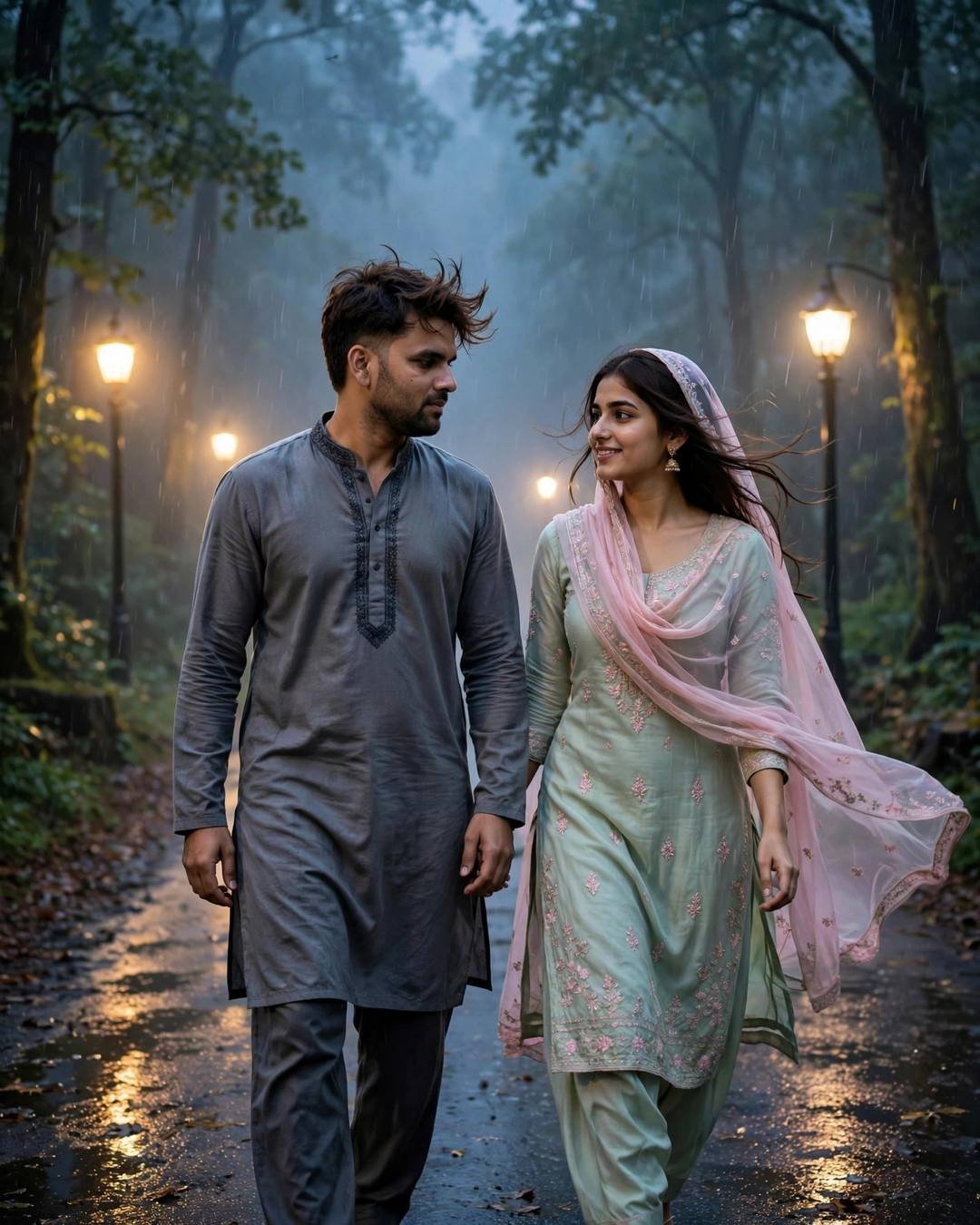 Couple walking on a misty forest path in rain at blue hour, man in grey kurta, woman in pastel salwar with pink dupatta