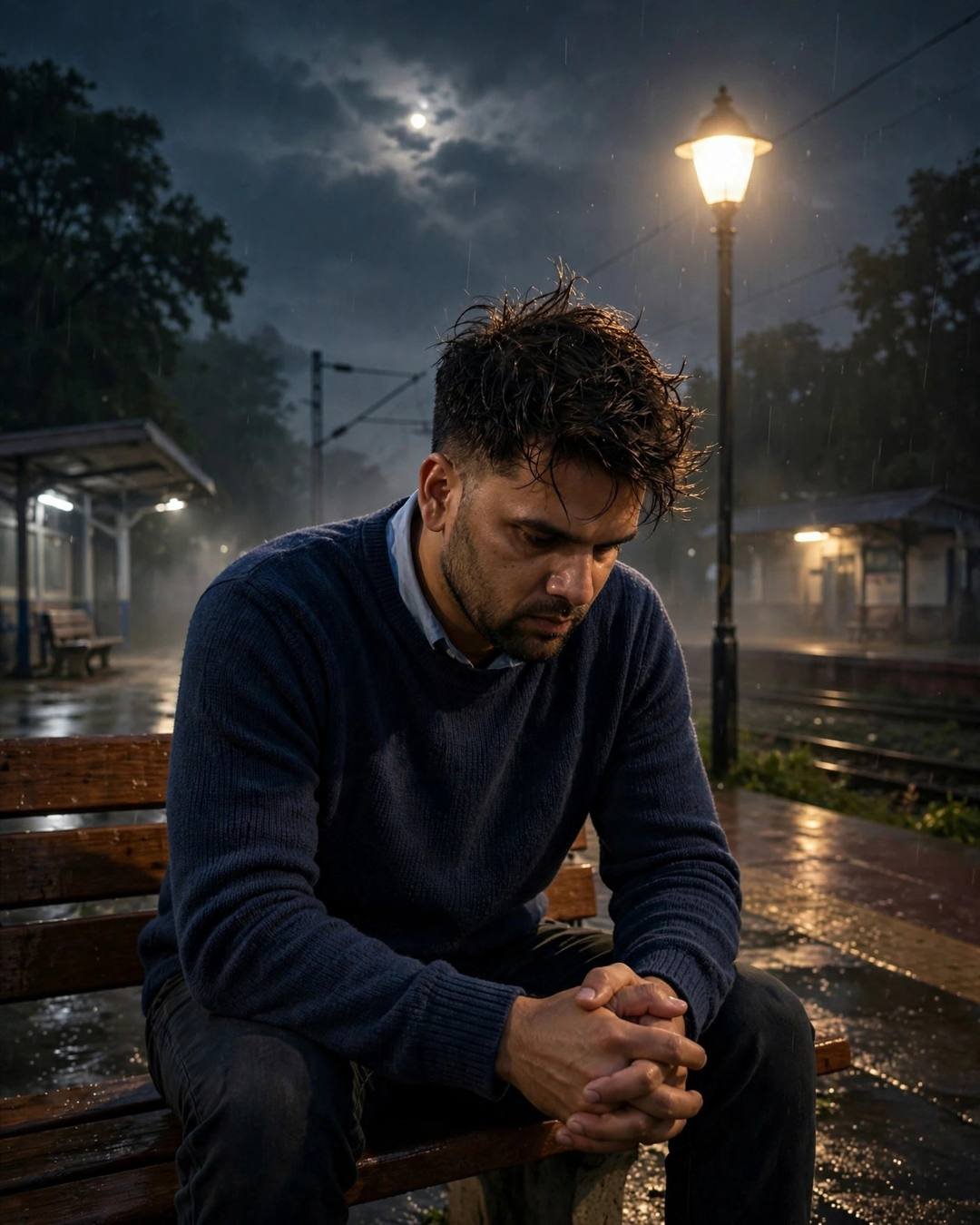 A streetlamp flickering above him as he — navy sweater over collared shirt, slightly messy morning hair sitting on station bench, elbows on knees, head in hands
