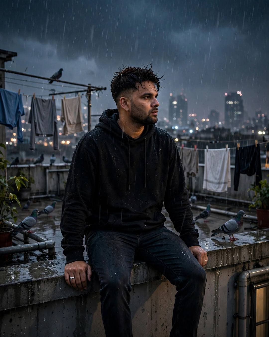 Young man in a black hoodie sitting on a rainy rooftop ledge at midnight, pigeons and clotheslines around him, city glowing through rain
