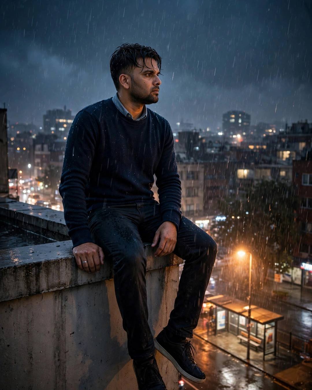 Half his face lit by a passing — navy sweater over collared shirt, damp rain-wet hair sitting on a rooftop ledge, legs dangling over the edge