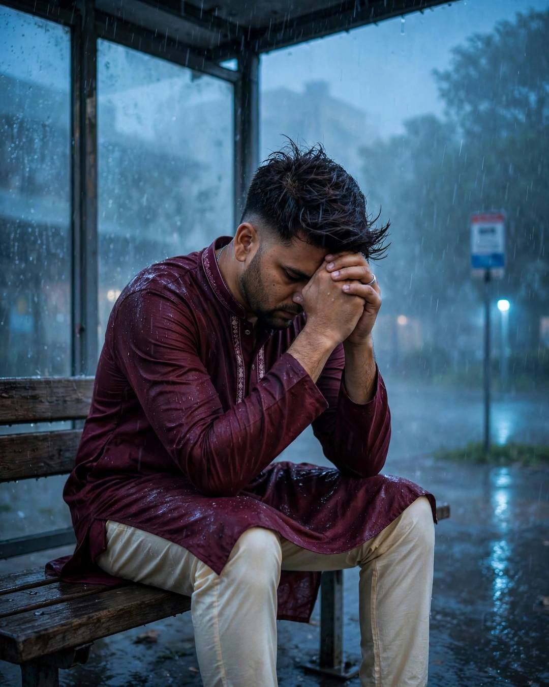 His fingers tracing old graffiti across a — maroon kurta with cream churidar, windswept textured hair sitting on station bench, elbows on knees, head in hands