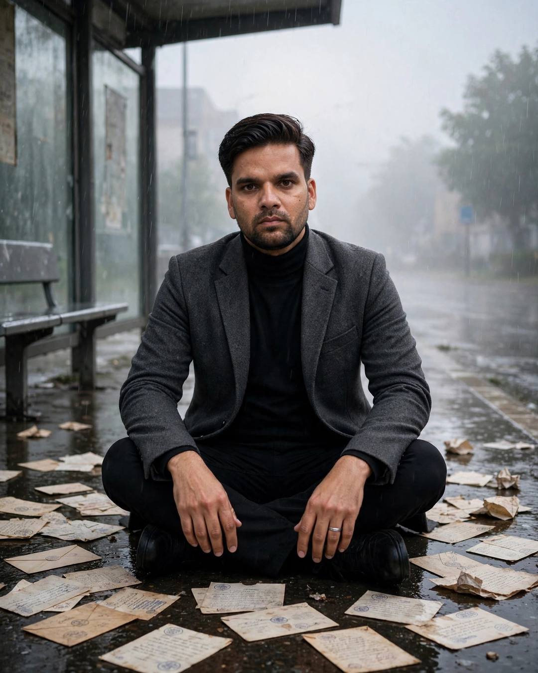 Emotional young Indian man in blazer smiling through tears at a photograph at a rainy bus stop