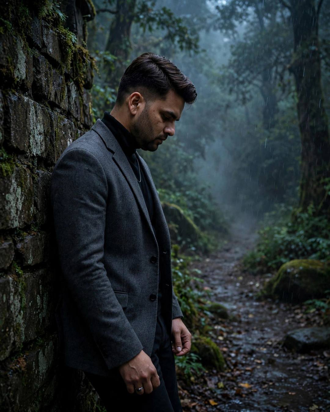 Emotional young Indian man in blazer leaning against a wall on a misty forest path, head bowed