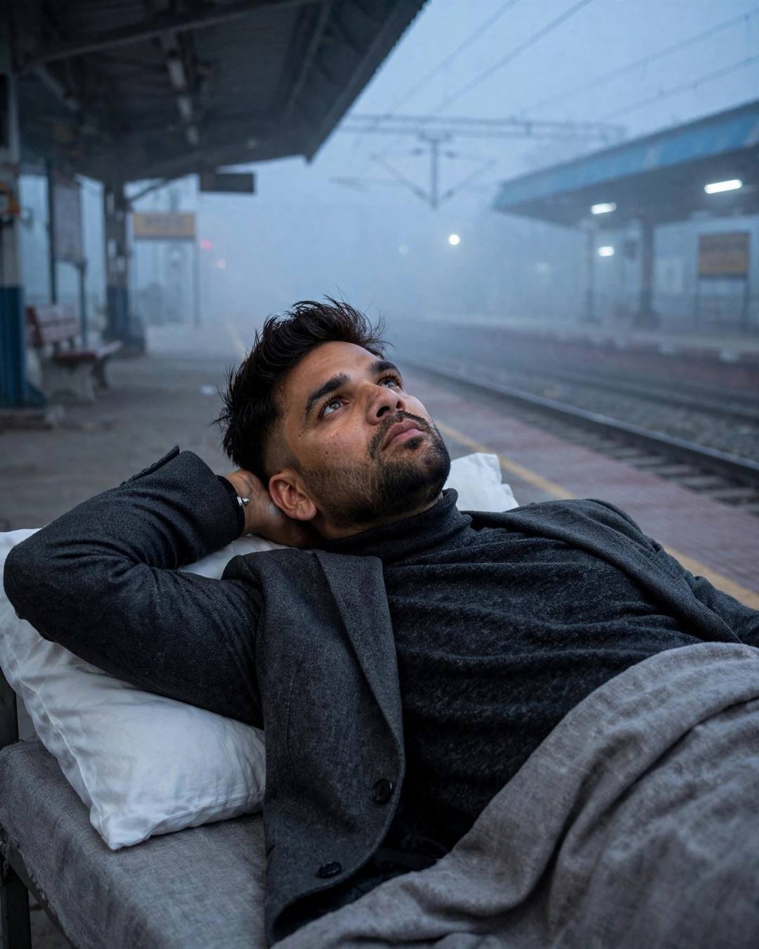 Young Indian man in blazer lying on a railway platform bed at night, gazing upward