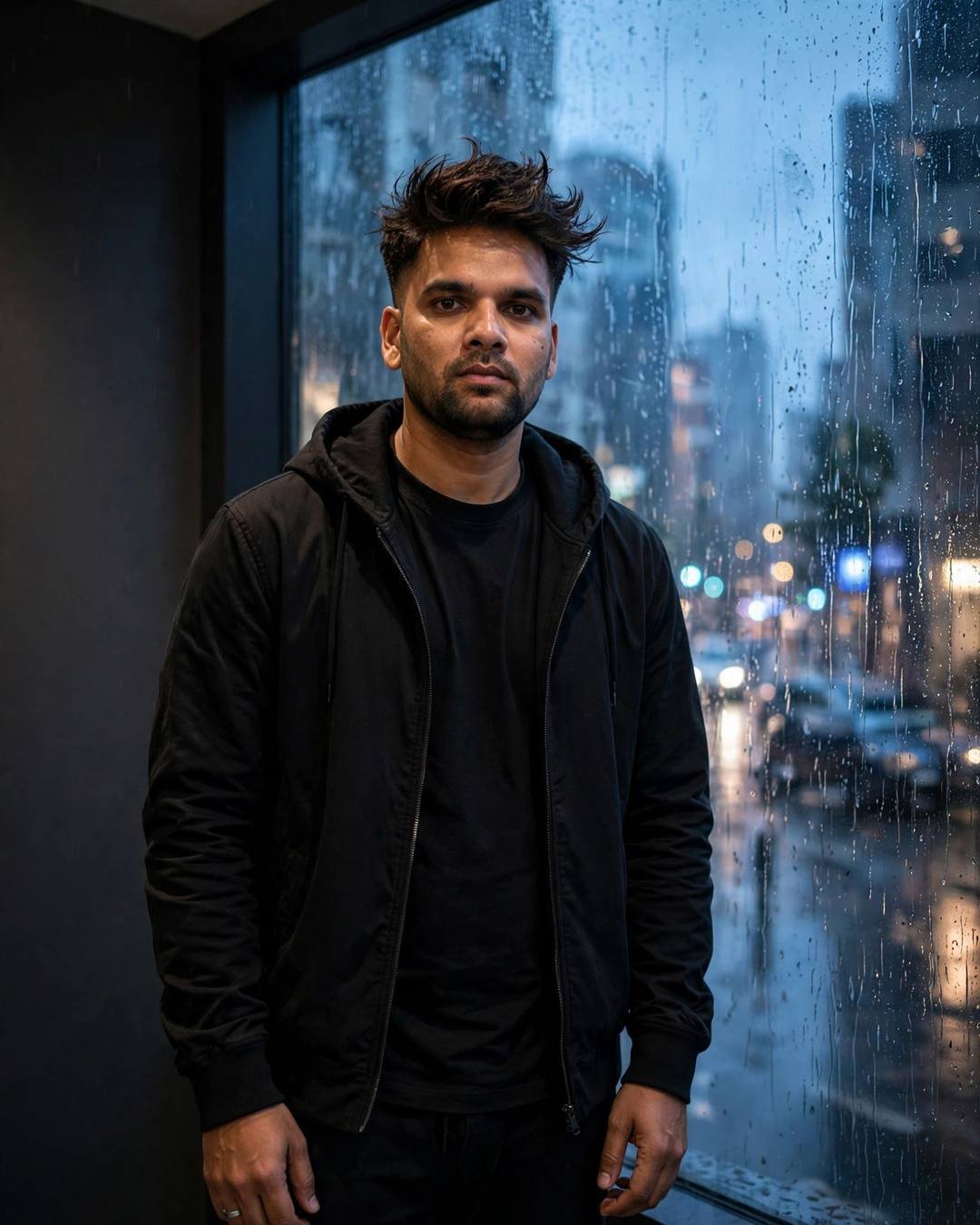 Young Indian man in black streetwear with palm pressed to a rainy window at blue hour