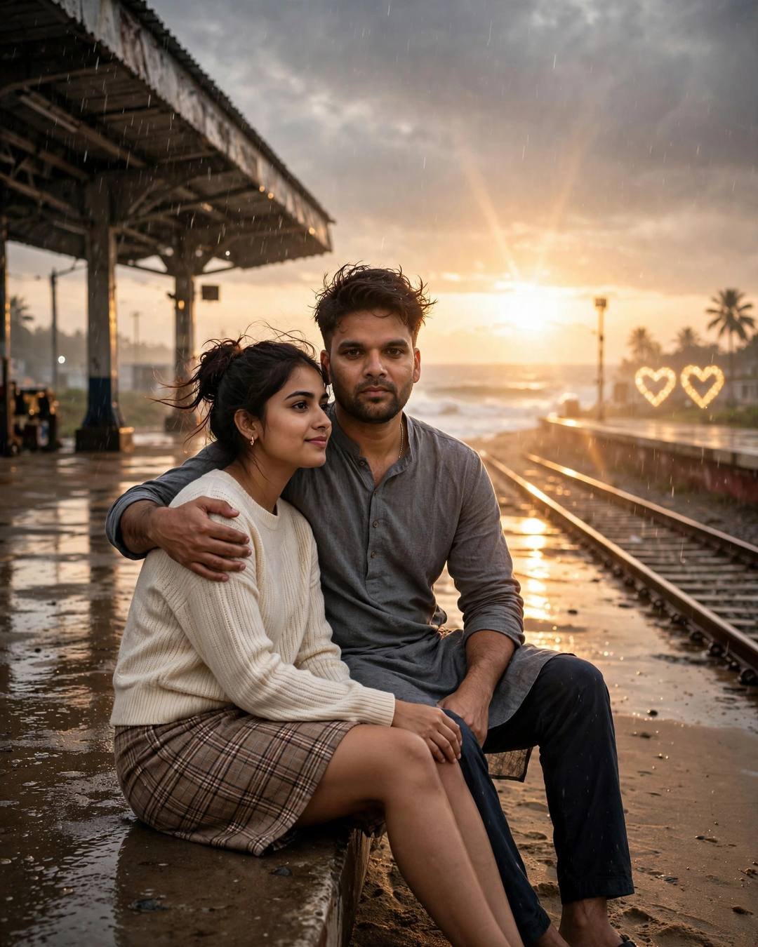 Couple on the sand at dawn under a double rainbow, his arm around her
