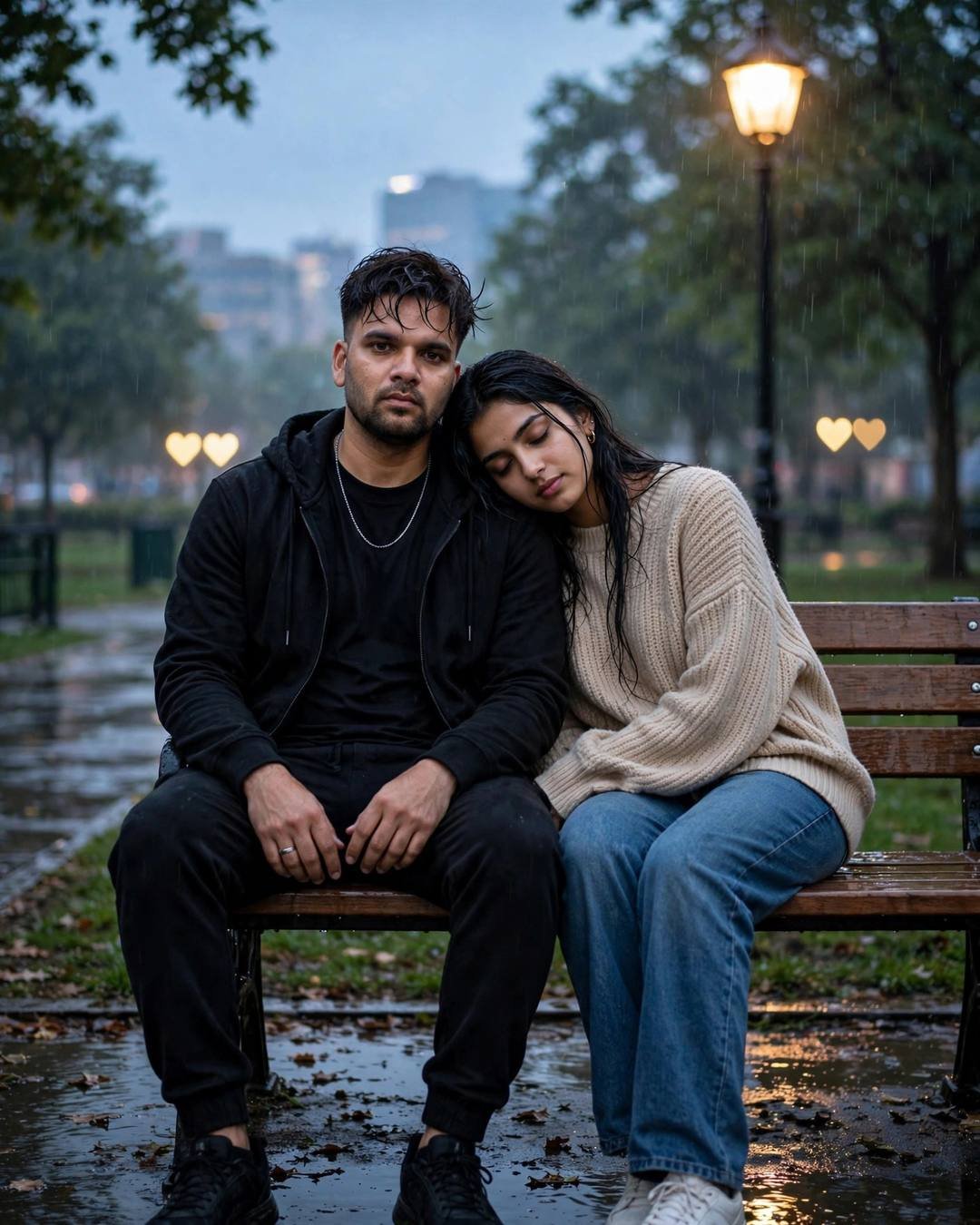 Couple reading old letters together on a park bench under lamplight at blue hour