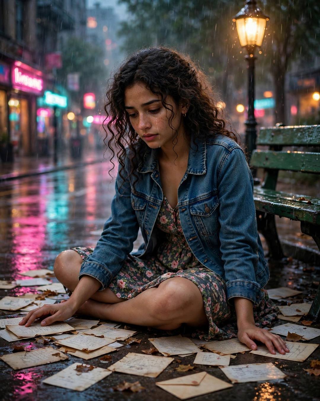 Emotional young Indian woman holding her grandmother's bangles among old letters at night