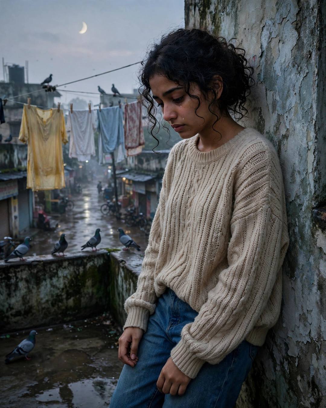 Young Indian woman hugging her childhood teddy bear on a terrace at dawn