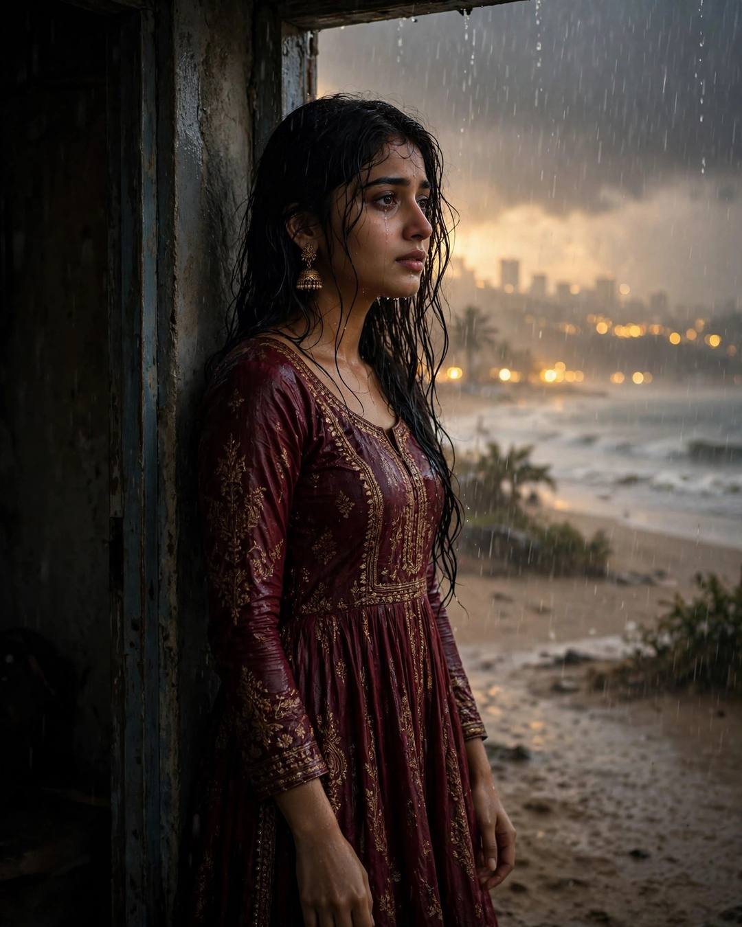Young Indian woman in maroon anarkali crying with relief in a beach doorway at dusk