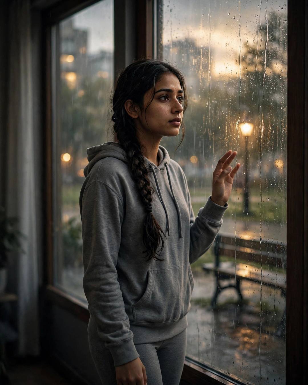 Young Indian woman in a grey hoodie standing at a rain-streaked window, hand on the glass, gazing out at a lamplit park bench