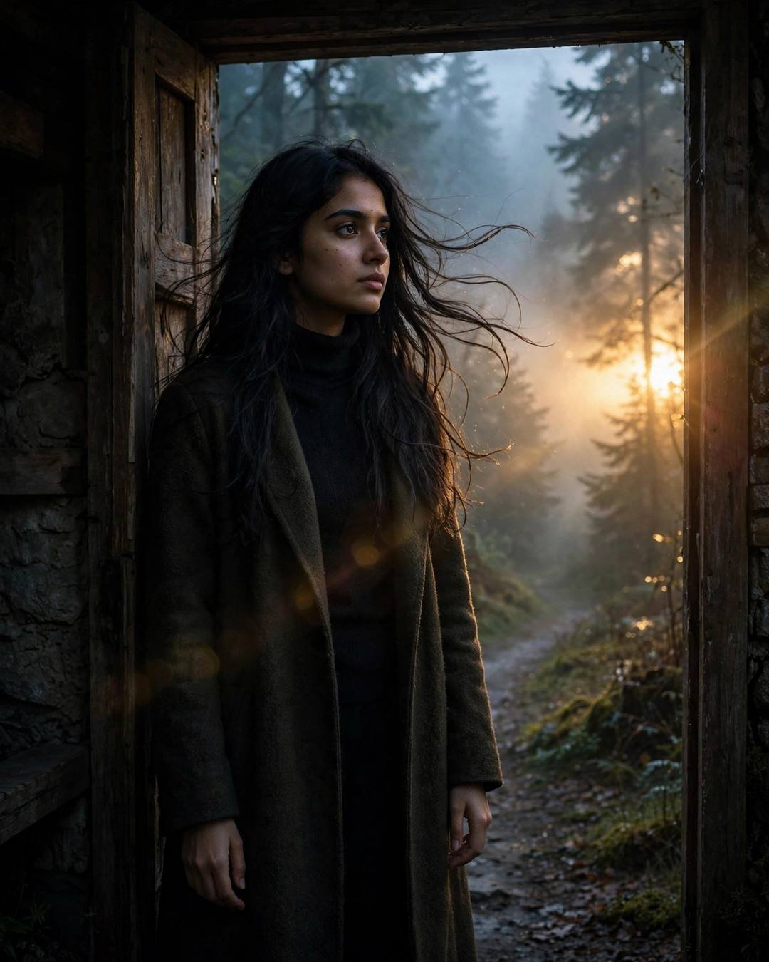 Young Indian woman in a black turtleneck and long coat standing in a doorway, misty forest path behind, golden backlight with lens flare