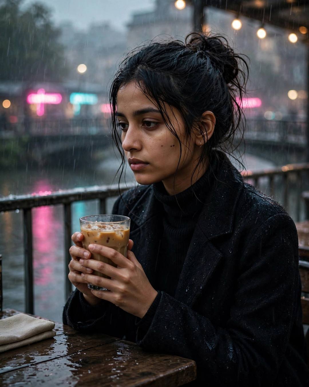 Woman with cold coffee at a rainy riverside cafe with neon lights
