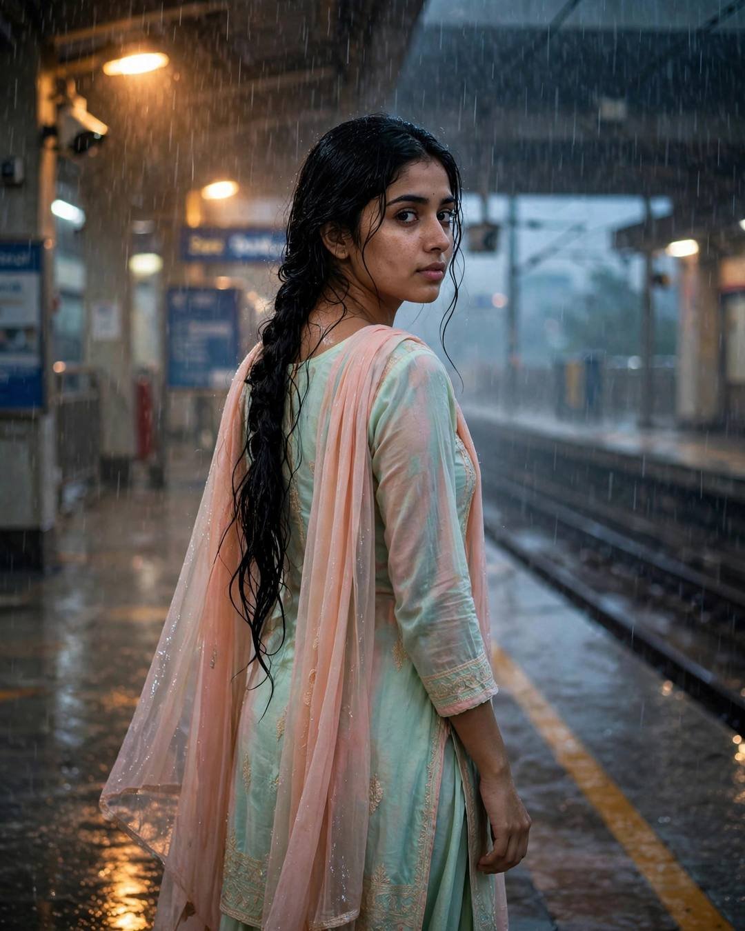 Young Indian woman in pastel salwar-kameez with long braid looking over her shoulder on a rainy metro platform at dawn