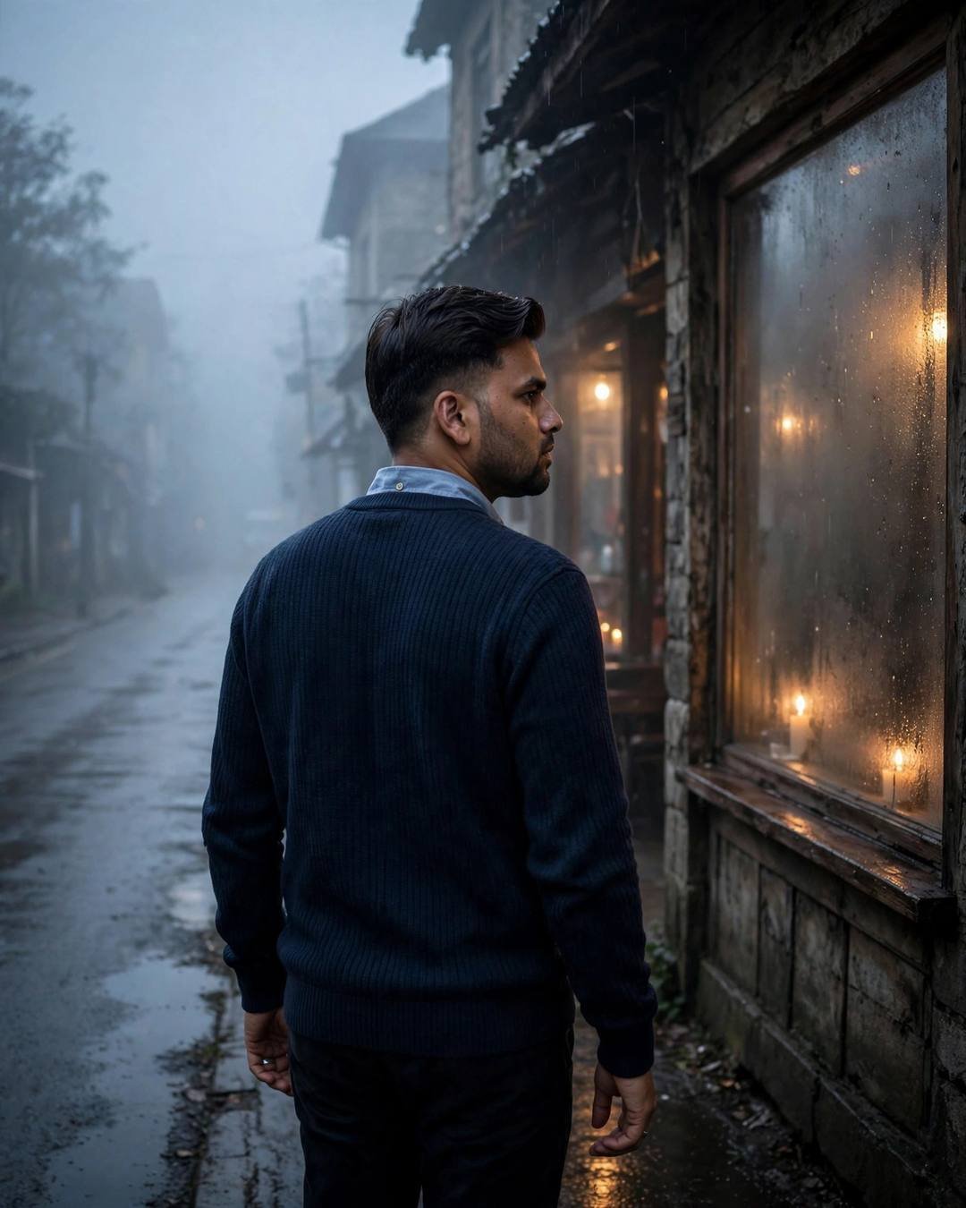 Wiping dust off a weathered milestone naming — navy sweater over collared shirt, neatly combed side part walking away from the camera down an empty path