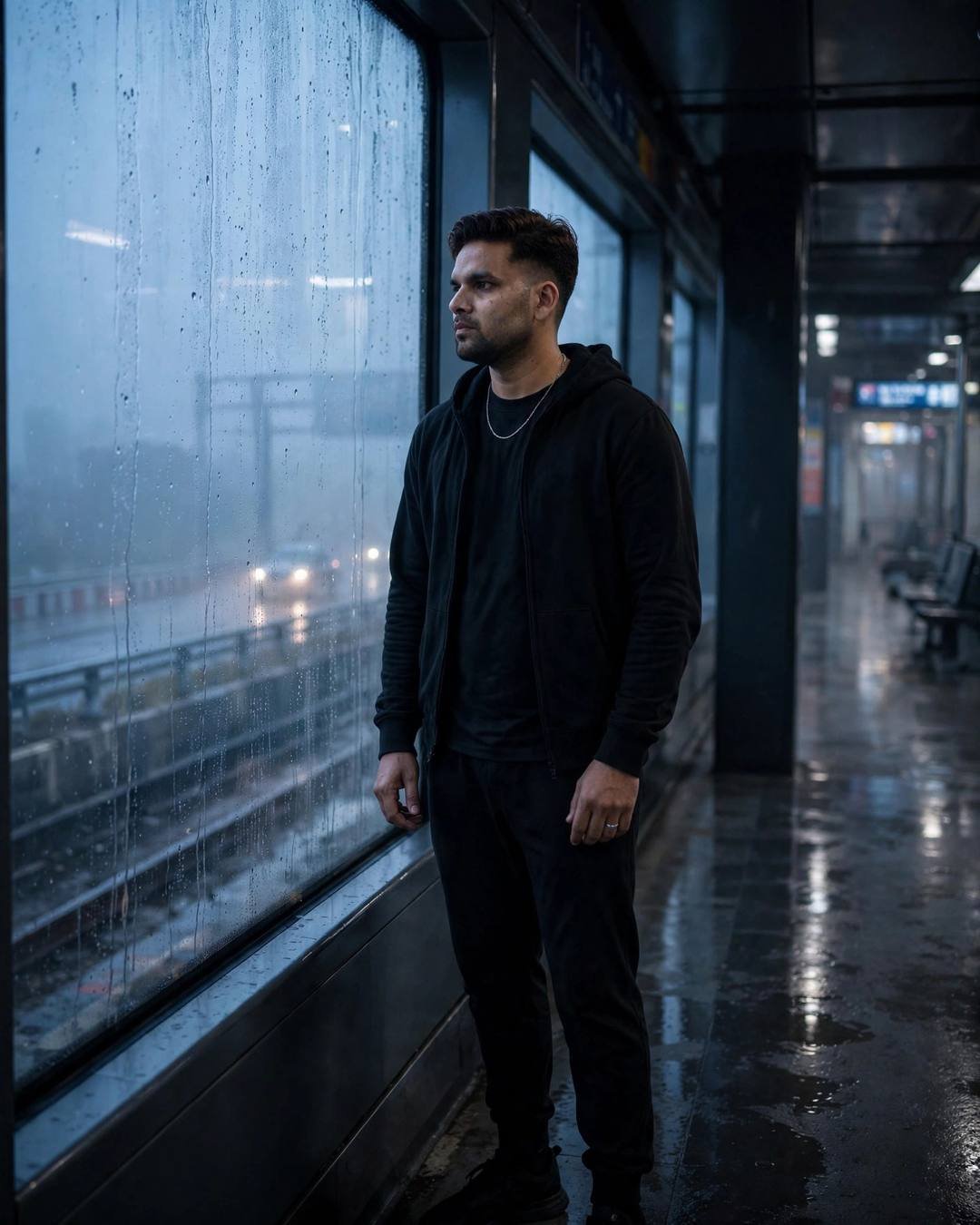 His jacket spread on the warm bonnet, — all-black streetwear with sneakers, neatly combed side part standing at a rain-streaked window, one hand on the glass