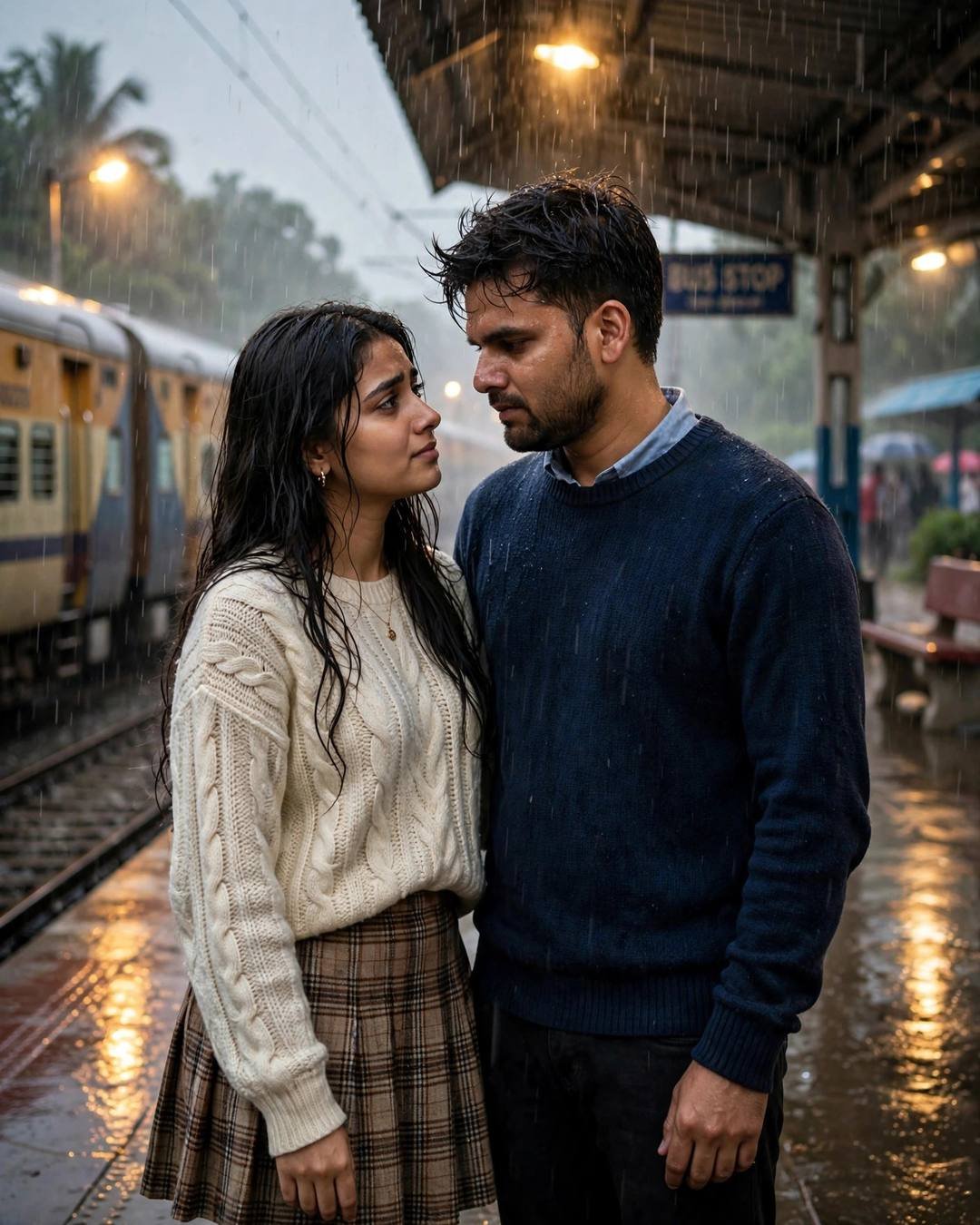 Young couple laughing together on a rainy railway platform under streetlamps