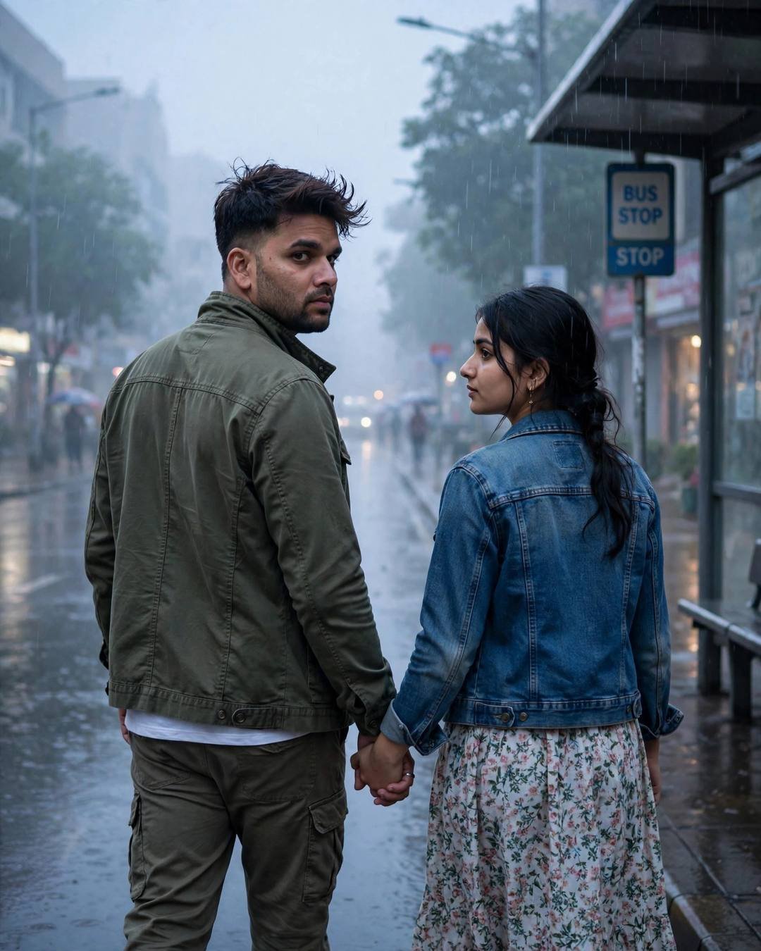 Couple walking hand in hand away into fog past a rainy bus stop