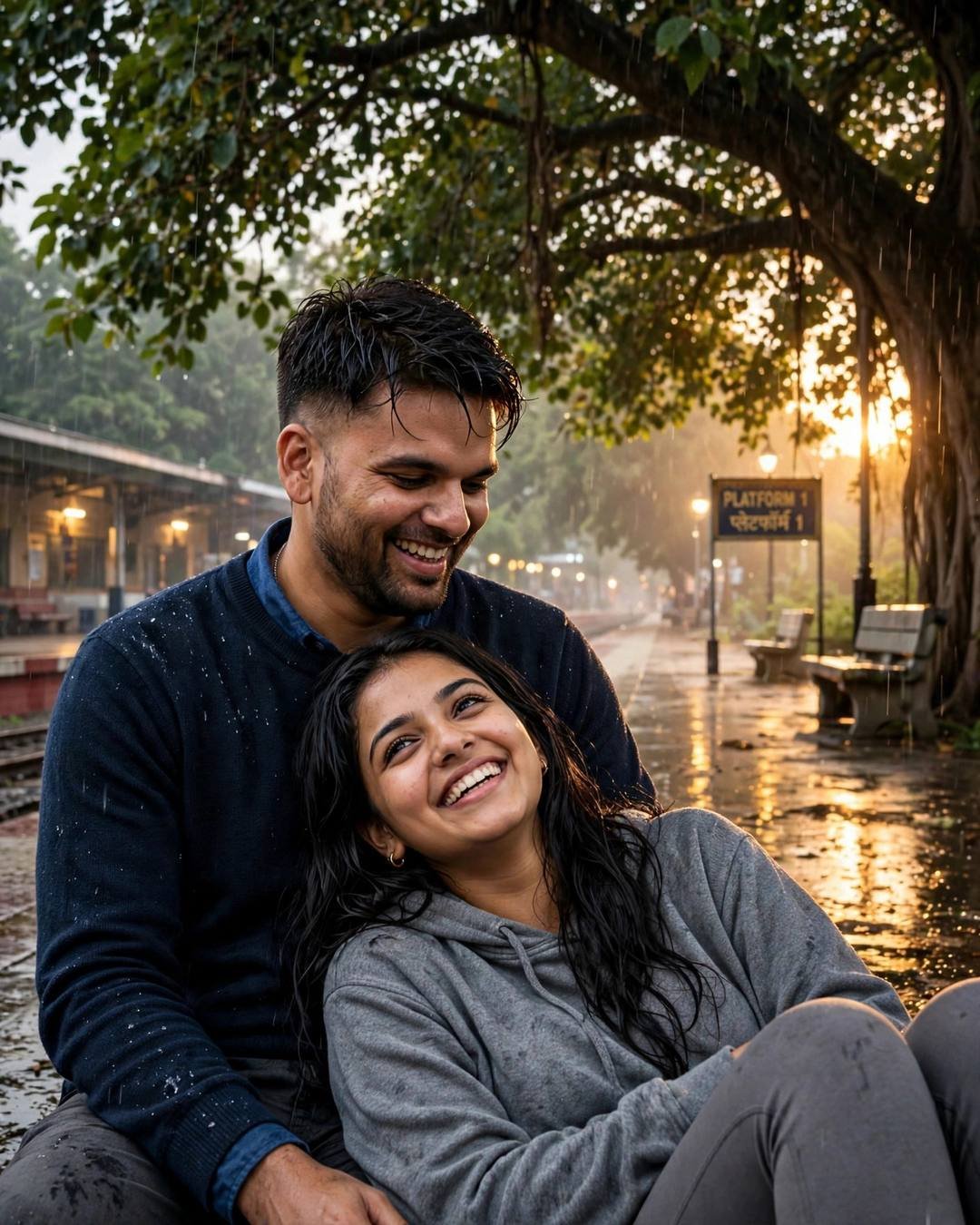Couple laughing softly under a tree on a rainy railway platform at night, golden light in the rain