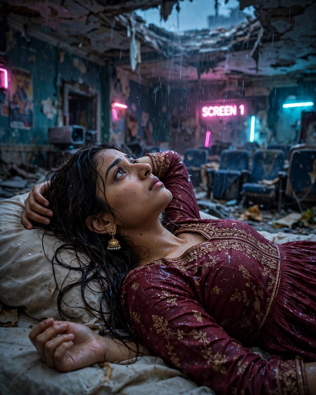 Young Indian woman in a maroon anarkali lying on a bed in an abandoned cinema hall as rain falls through the cracked ceiling under pink and cyan neon light