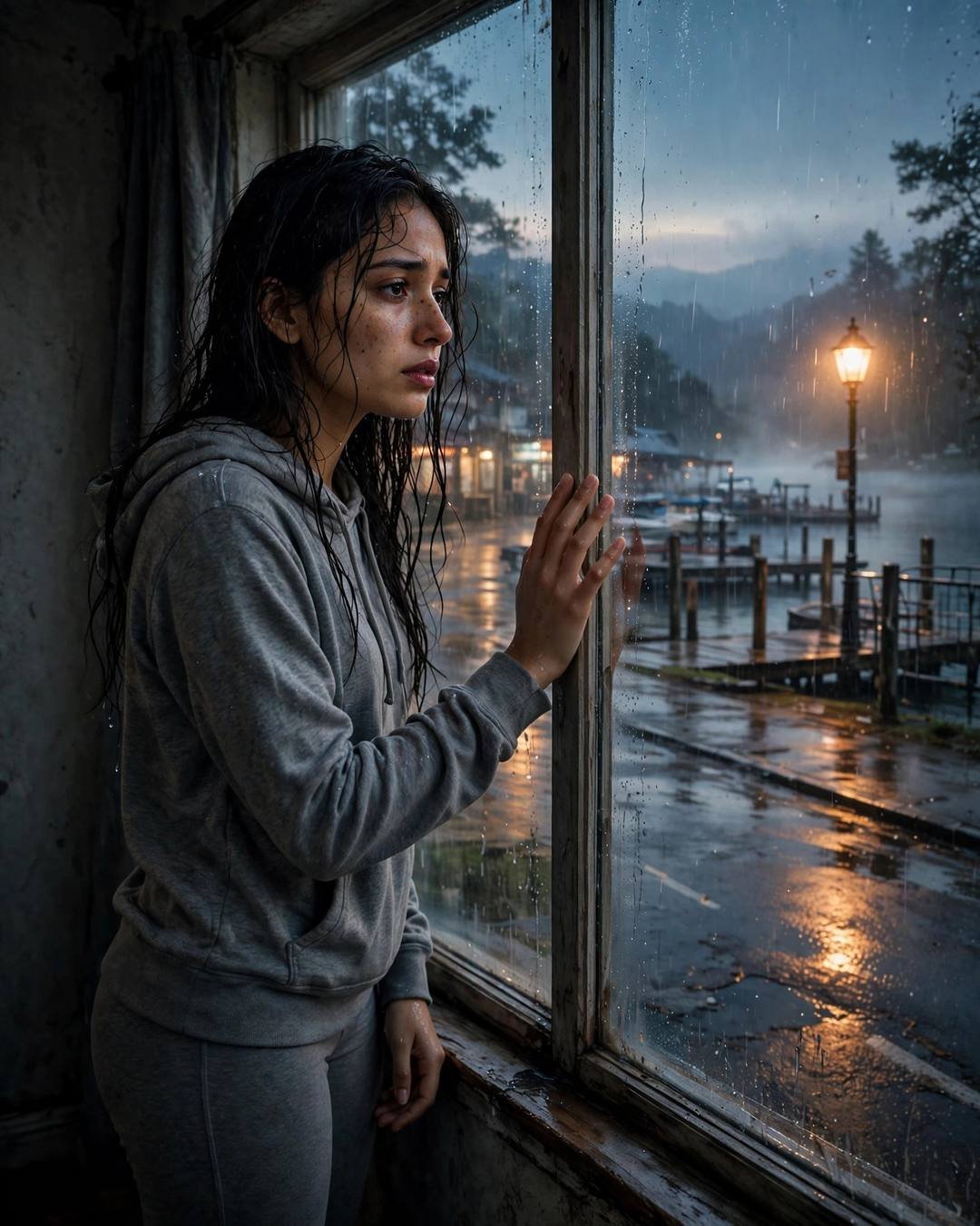 Young Indian woman in a grey hoodie standing at a rain-streaked window with one hand on the glass, gazing at a quiet rain-wet lake pier at dawn