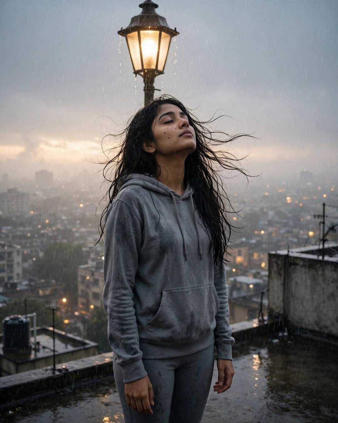 Young Indian woman in a grey hoodie standing on a rooftop in the rain, face lifted to the sky with eyes closed, city lights blurred in foggy dawn light