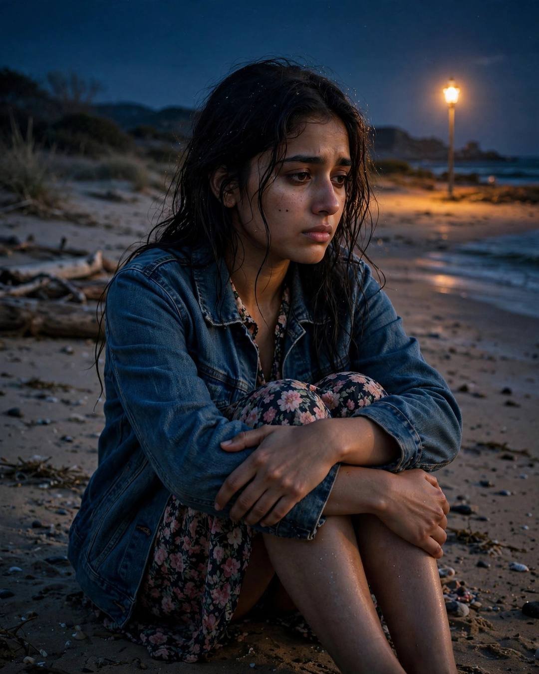 Young Indian woman in a denim jacket and floral dress sitting on a deserted beach at dusk, knees drawn up and arms wrapped around her legs, a lone streetlamp glowing behind her