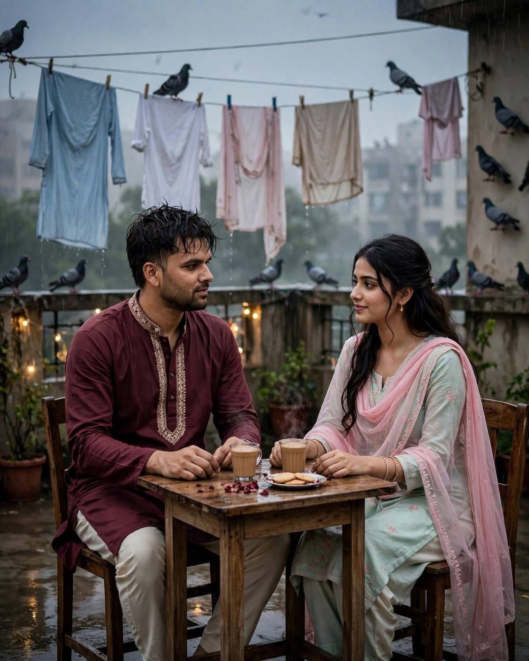 Couple sharing chai on a rain-wet rooftop terrace with clothes lines and pigeons, man in maroon kurta, woman in pastel salwar-kameez