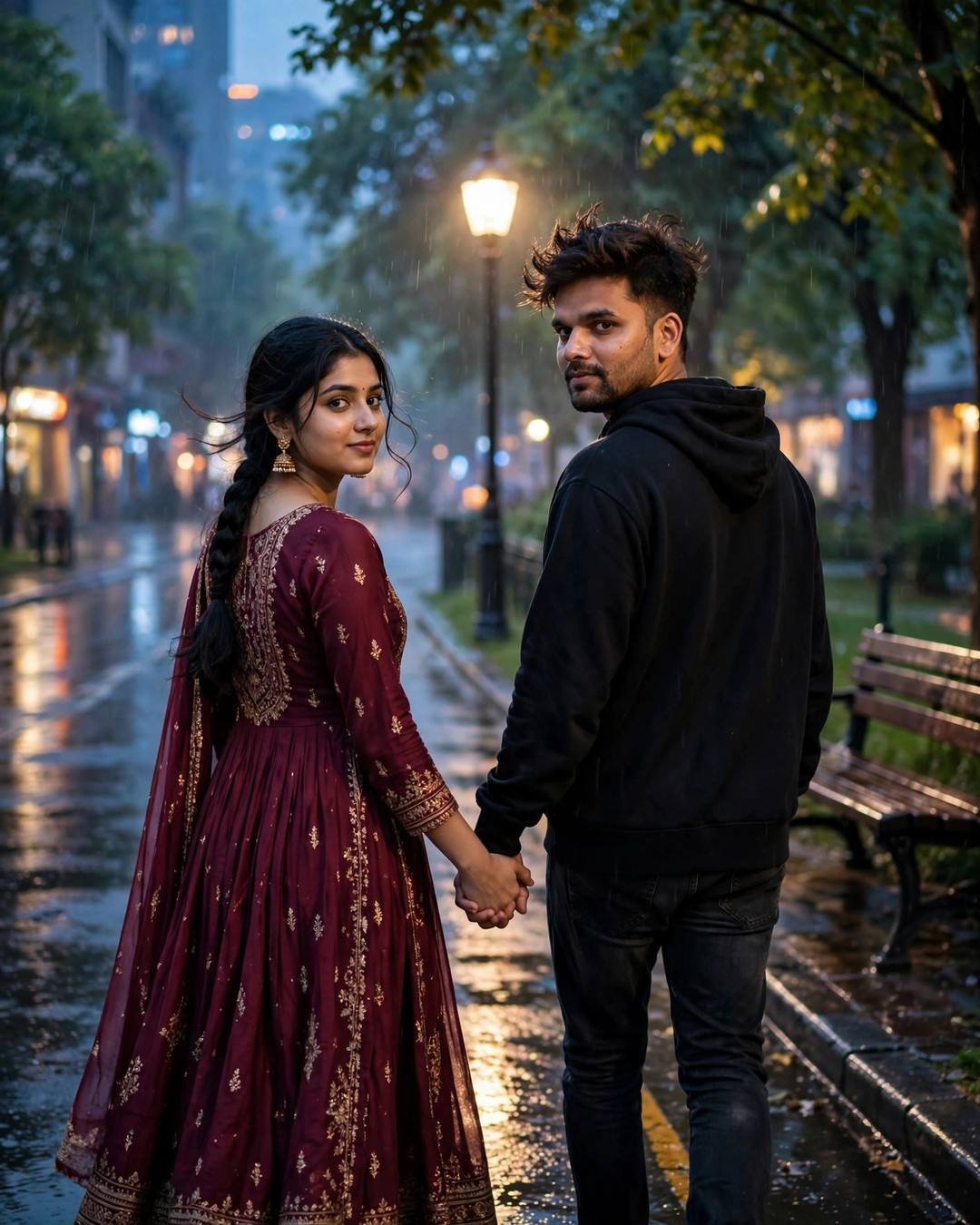 Couple walking hand in hand away on a rain-wet street at blue hour, both turning back, woman in maroon anarkali