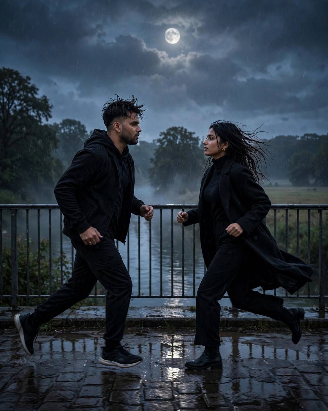 Couple running toward each other on a moonlit rain-wet bridge over a river, both dressed in black