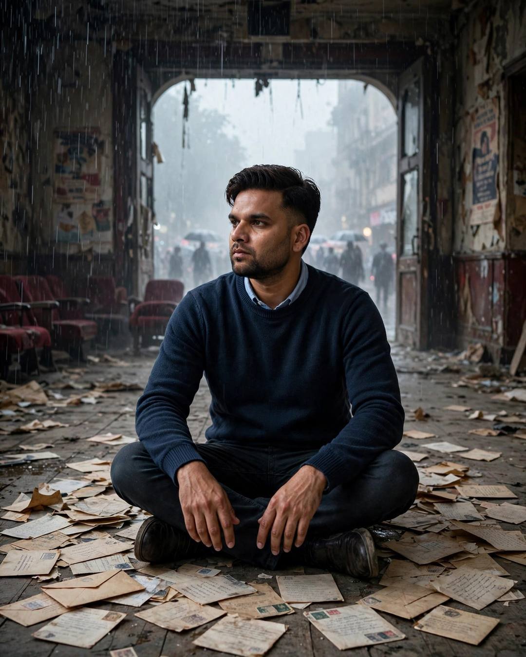 Young man in navy sweater sitting cross-legged among old letters in a rain-soaked abandoned cinema hall