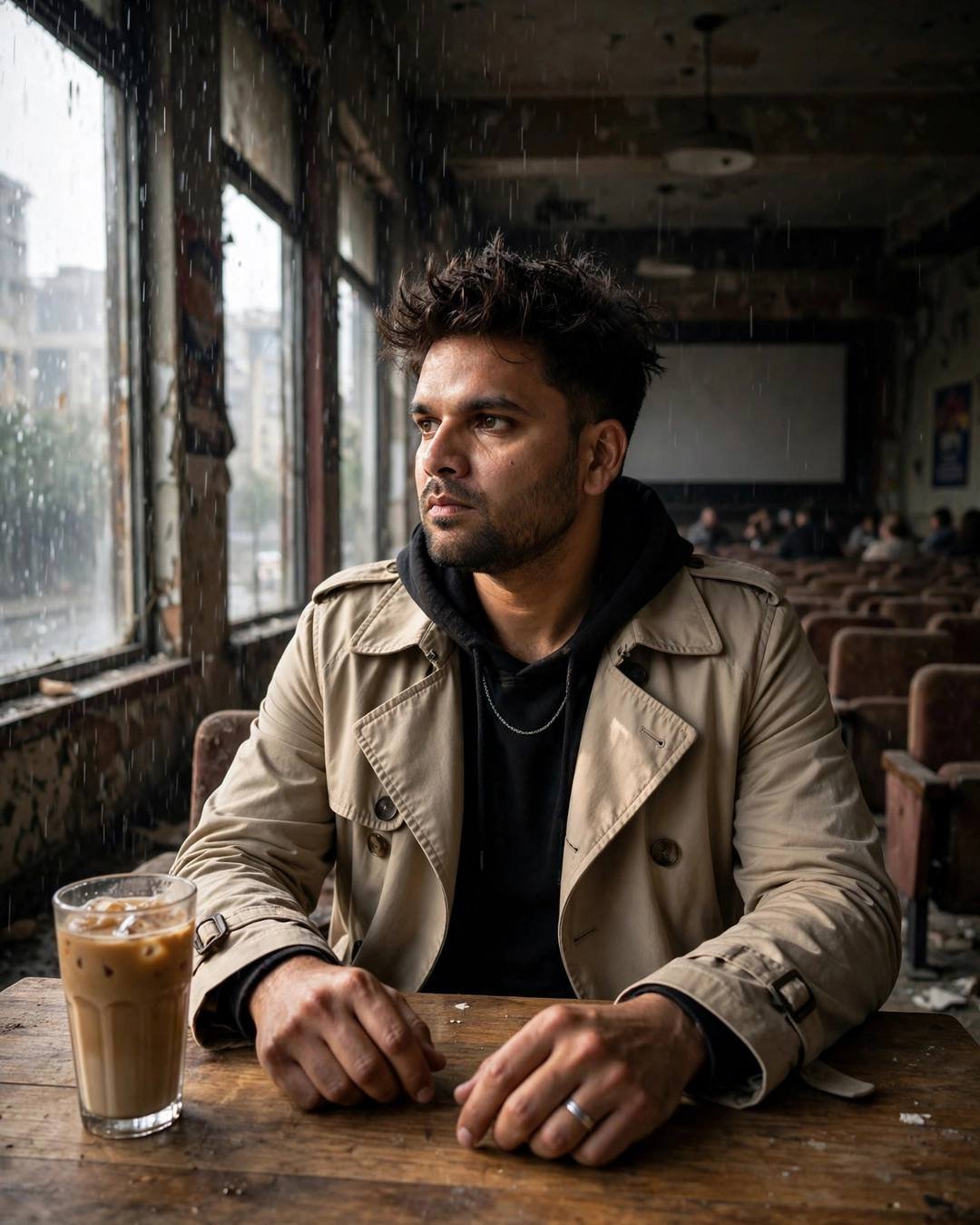 Young man in beige trench coat with a cold coffee at a table inside an abandoned cinema hall in the rain