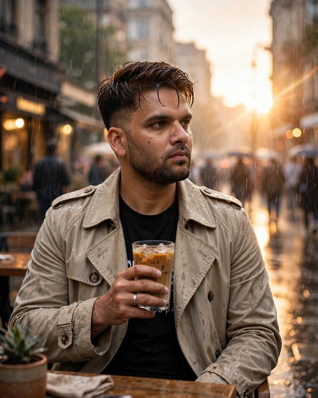 Young man in beige trench coat holding cold coffee at a cafe table on a rain-soaked street in golden-hour backlight